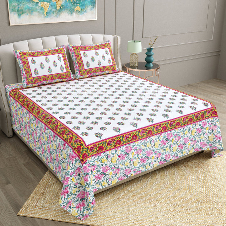 Bella Casa Fashion & Retail Ltd BEDSHEET 90 X 108 Inch / Multi / Cotton Bella Casa Double King Size Bedsheet Set Cotton with 2 Pillow Covers Floral Design Multi Colour - Ethnic Collection
