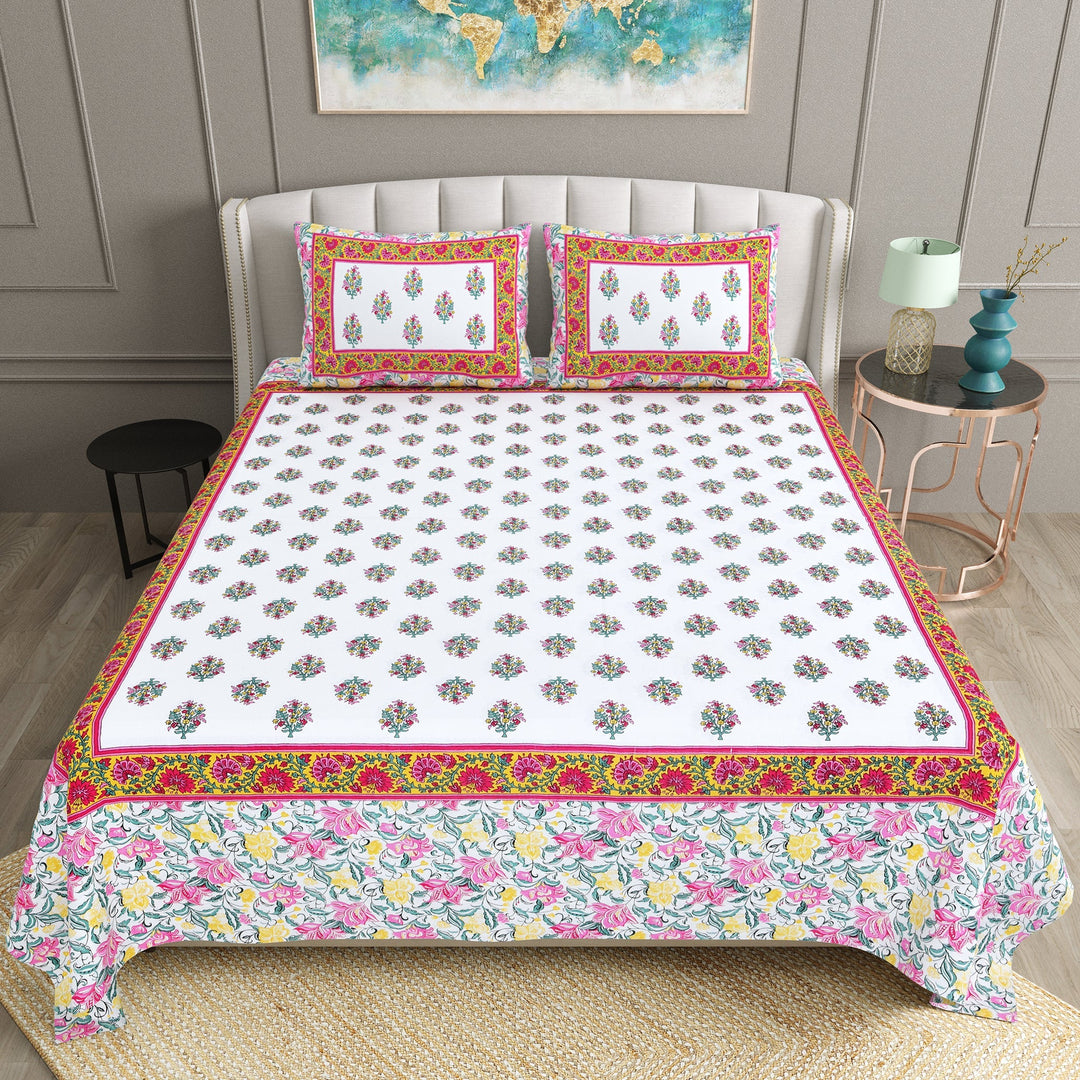 Bella Casa Fashion & Retail Ltd BEDSHEET 90 X 108 Inch / Multi / Cotton Bella Casa Double King Size Bedsheet Set Cotton with 2 Pillow Covers Floral Design Multi Colour - Ethnic Collection