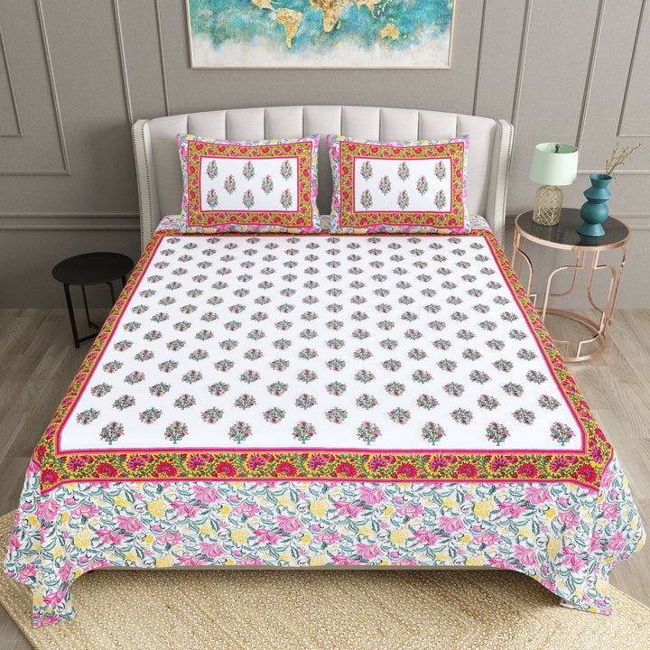 Bella Casa Fashion & Retail Ltd BEDSHEET 90 X 108 Inch / Multi / Cotton Bella Casa Double King Size Bedsheet Set Cotton with 2 Pillow Covers Floral Design Multi Colour - Ethnic Collection