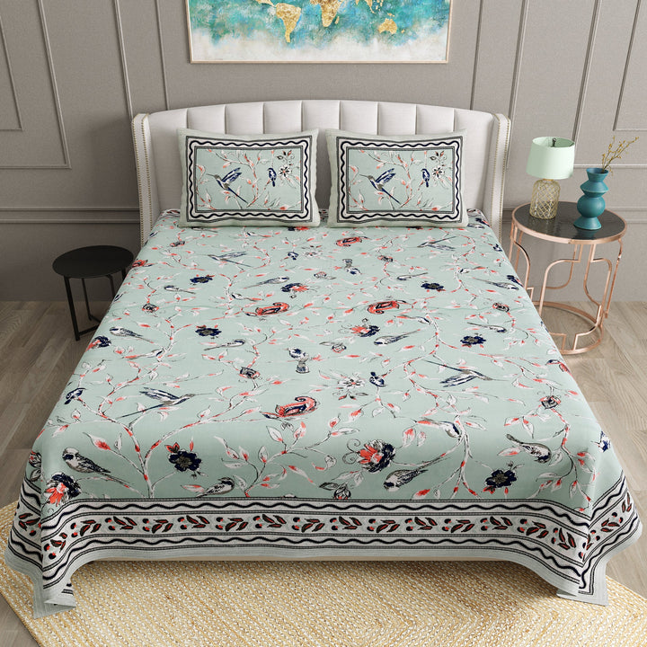 Bella Casa Fashion & Retail Ltd BEDSHEET 90 X 108 Inch / Multi / Cotton Double King Size Bedsheet Set Cotton with 2 Pillow Covers Birds Design Multi Colour - Ethnic Collection