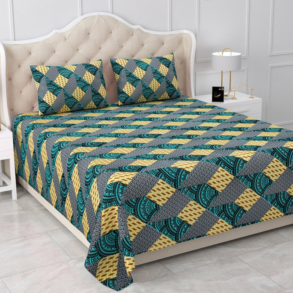 Bella Casa Fashion & Retail Ltd BEDSHEET 90 X 108 Inch / Multicolour / Cotton Double Bedsheet Set Cotton King Size with 2 Pillow Covers Geometrical Design Multicolour Colour - Stella Collection