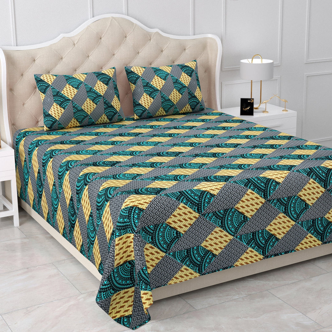 Bella Casa Fashion & Retail Ltd BEDSHEET 90 X 108 Inch / Multicolour / Cotton Double Bedsheet Set Cotton King Size with 2 Pillow Covers Geometrical Design Multicolour Colour - Stella Collection