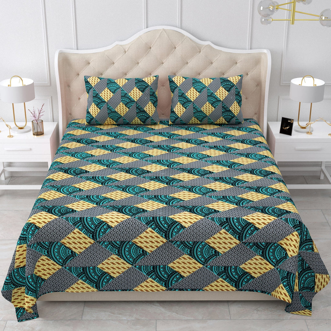 Bella Casa Fashion & Retail Ltd BEDSHEET 90 X 108 Inch / Multicolour / Cotton Double Bedsheet Set Cotton King Size with 2 Pillow Covers Geometrical Design Multicolour Colour - Stella Collection