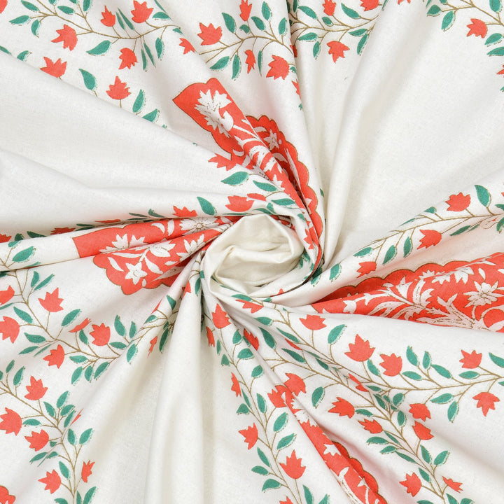 Bella Casa Fashion & Retail Ltd BEDSHEET 90 X 108 Inch / Orange & Off White / Cotton Double King Size Bedsheet Set Cotton with 2 Pillow Covers Motifs Design Orange & Off White Colour - Heritage Collection