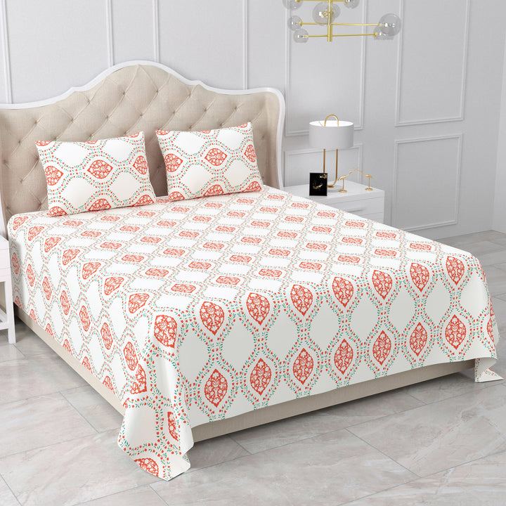 Bella Casa Fashion & Retail Ltd BEDSHEET 90 X 108 Inch / Orange & Off White / Cotton Double King Size Bedsheet Set Cotton with 2 Pillow Covers Motifs Design Orange & Off White Colour - Heritage Collection