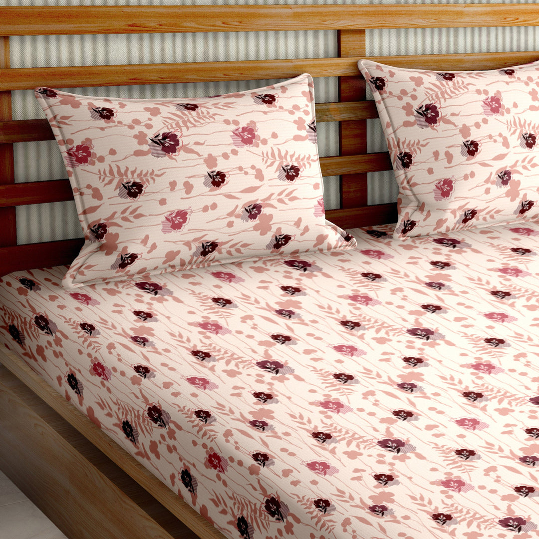Double Bedsheet Set Cotton King Size with 2 Pillow Covers Floral Design Peach Colour - Stella Collection