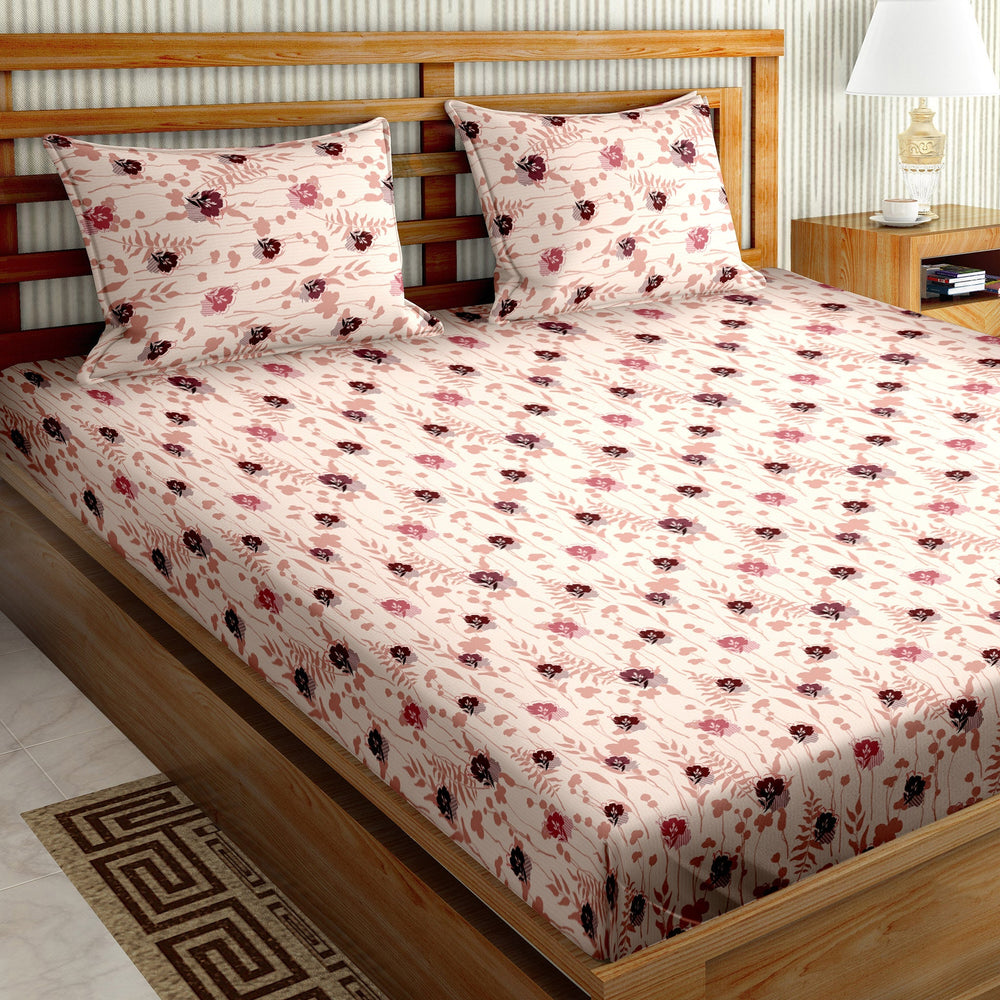 Double Bedsheet Set Cotton King Size with 2 Pillow Covers Floral Design Peach Colour - Stella Collection