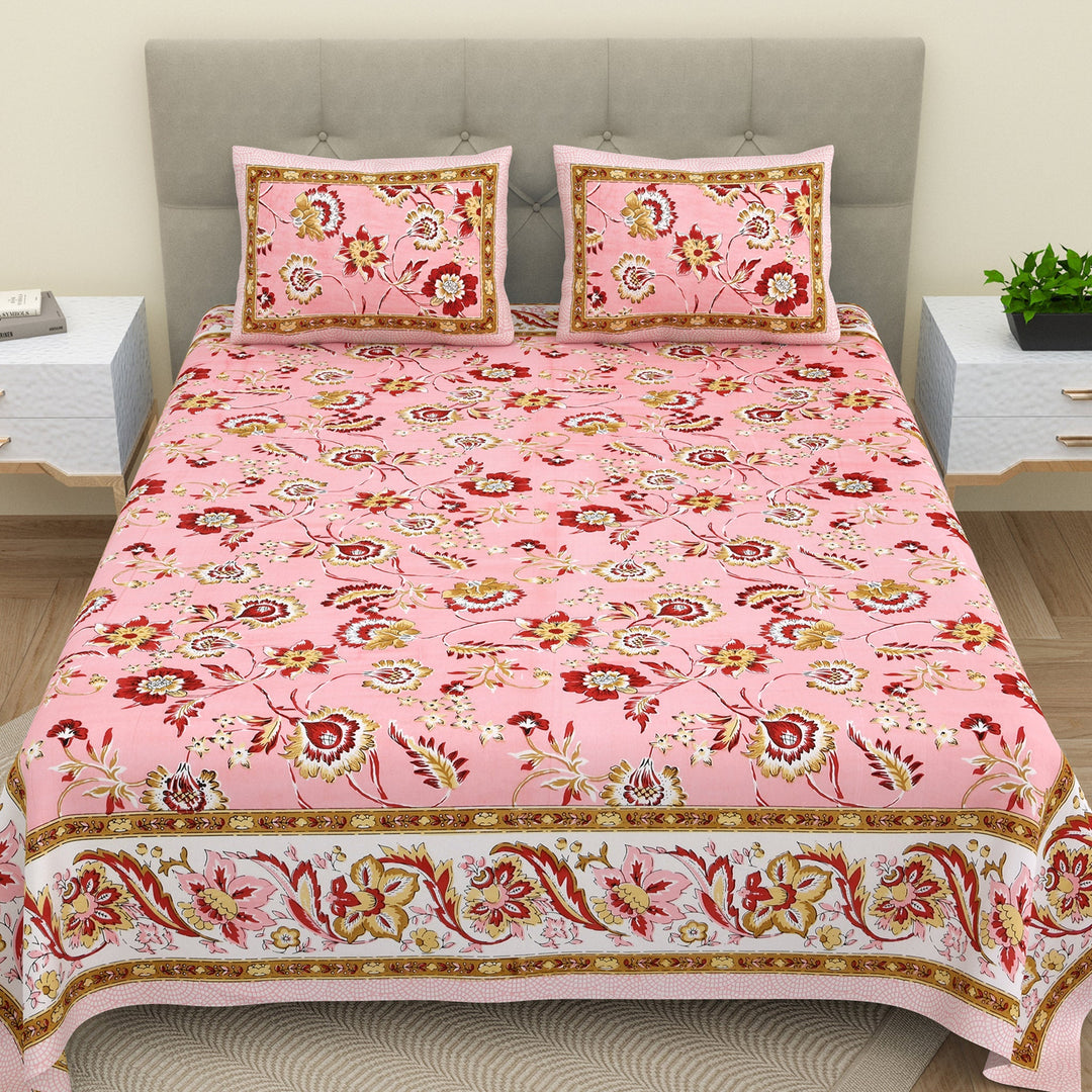 Bella Casa Fashion & Retail Ltd  BEDSHEET 90 X 108 Inch / Pink / Cotton Double King Size Bedsheet Set Cotton with 2 Pillow Covers Floral Design Pink Colour - Ethnic Collection