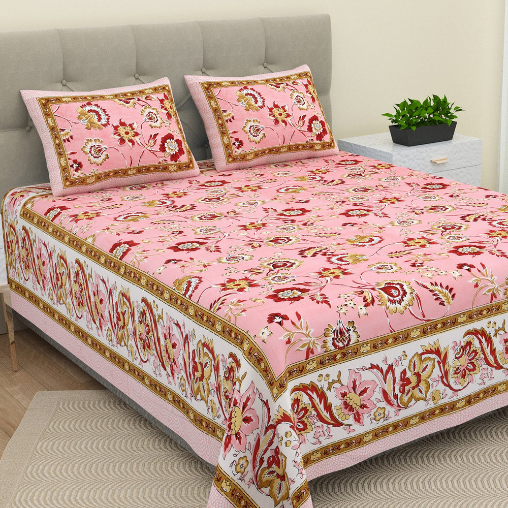 Bella Casa Fashion & Retail Ltd  BEDSHEET 90 X 108 Inch / Pink / Cotton Double King Size Bedsheet Set Cotton with 2 Pillow Covers Floral Design Pink Colour - Ethnic Collection