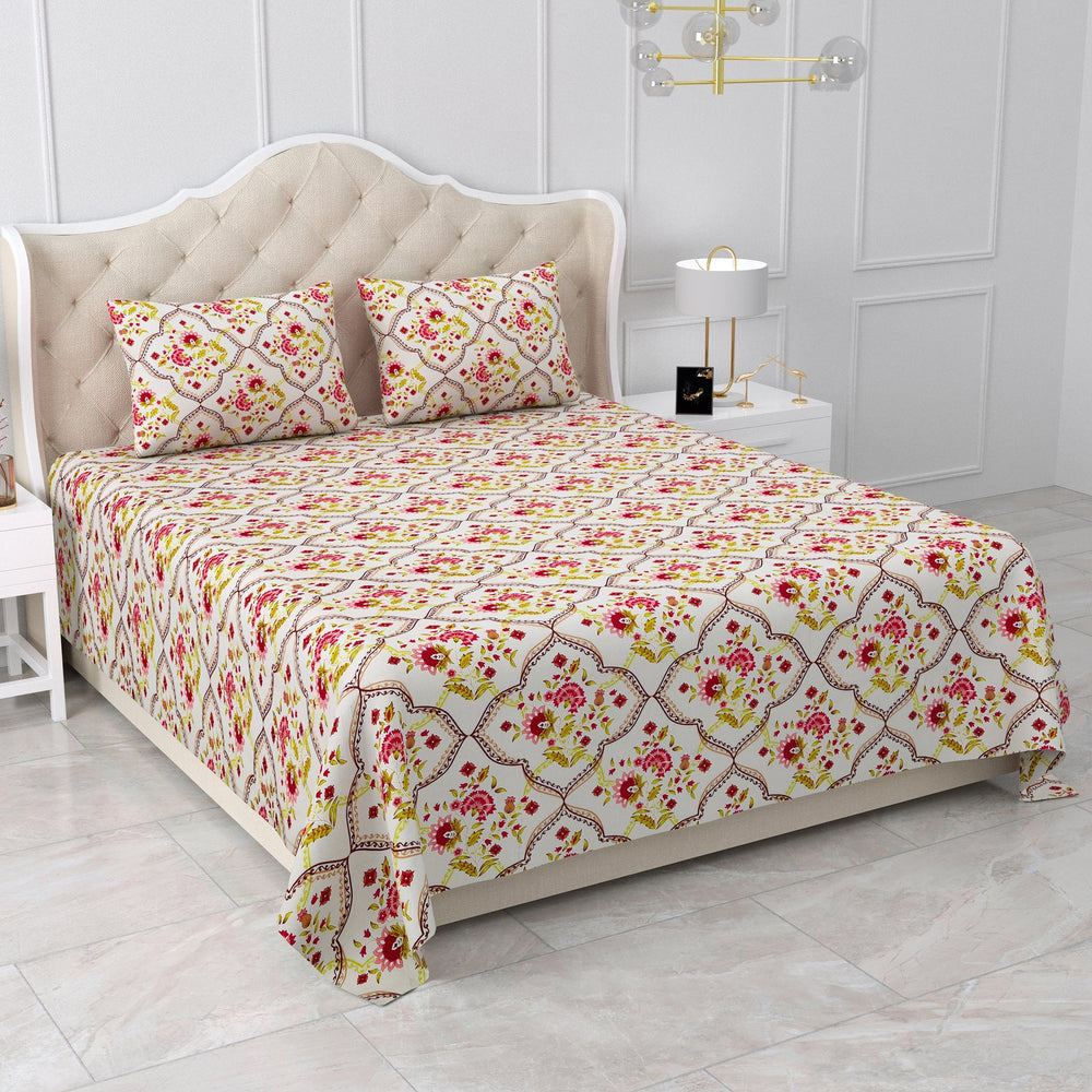Bella Casa Fashion & Retail Ltd BEDSHEET 90 X 108 Inch / Pink & Yellow / Cotton Double Bedsheet Set Cotton King Size with 2 Pillow Covers Floral Design Pink & Yellow Colour- Stella Collection
