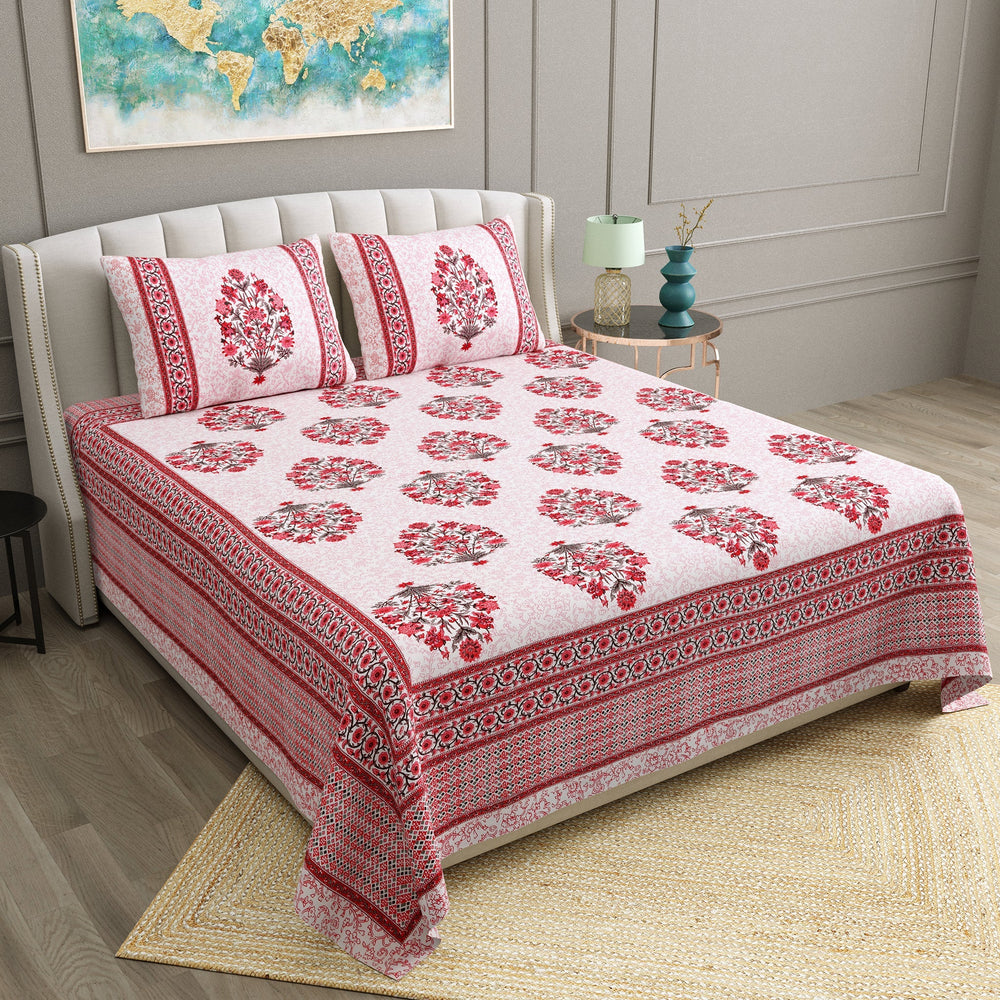 Bella Casa Fashion & Retail Ltd  BEDSHEET 90 X 108 Inch / Red / Cotton Bella Casa Double Bedsheet Set Cotton King Size with 2 Pillow Covers  Floral Design Red Colour - Ethnic Collection