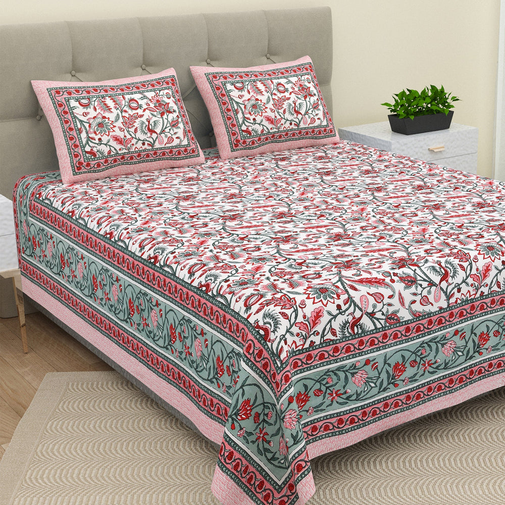 Bella Casa Fashion & Retail Ltd  BEDSHEET 90 X 108 Inch / Red / Cotton Double King Size Bedsheet Set Cotton with 2 Pillow Covers Floral Design Red Colour - Ethnic Collection