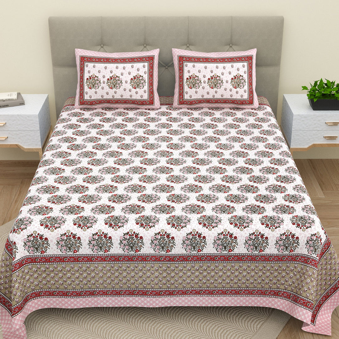Bella Casa Fashion & Retail Ltd  BEDSHEET 90 X 108 Inch / Red / Cotton Double King Size Bedsheet Set Cotton with 2 Pillow Covers Floral Design Red Colour - Ethnic Collection