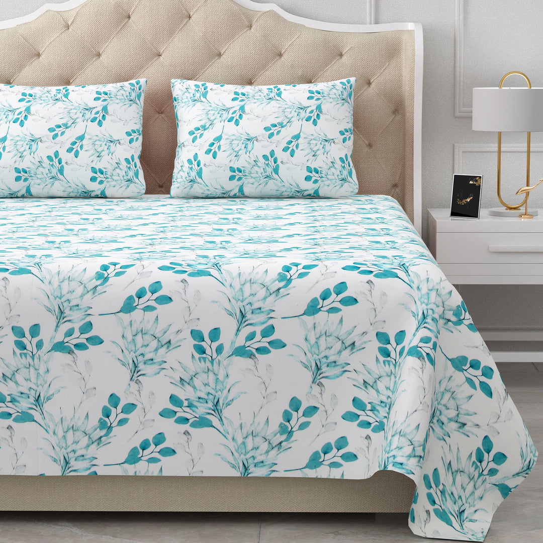 Bella Casa Fashion & Retail Ltd  BEDSHEET 90 X 108 Inch / Sky Blue / Cotton Double Bedsheet Set Cotton King Size with 2 Pillow Covers Floral Design Sky Blue Colour - Stella Collection