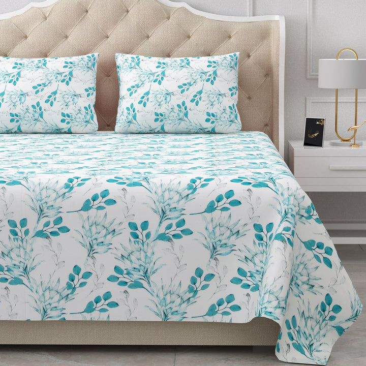Bella Casa Fashion & Retail Ltd  BEDSHEET 90 X 108 Inch / Sky Blue / Cotton Double Bedsheet Set Cotton King Size with 2 Pillow Covers Floral Design Sky Blue Colour - Stella Collection