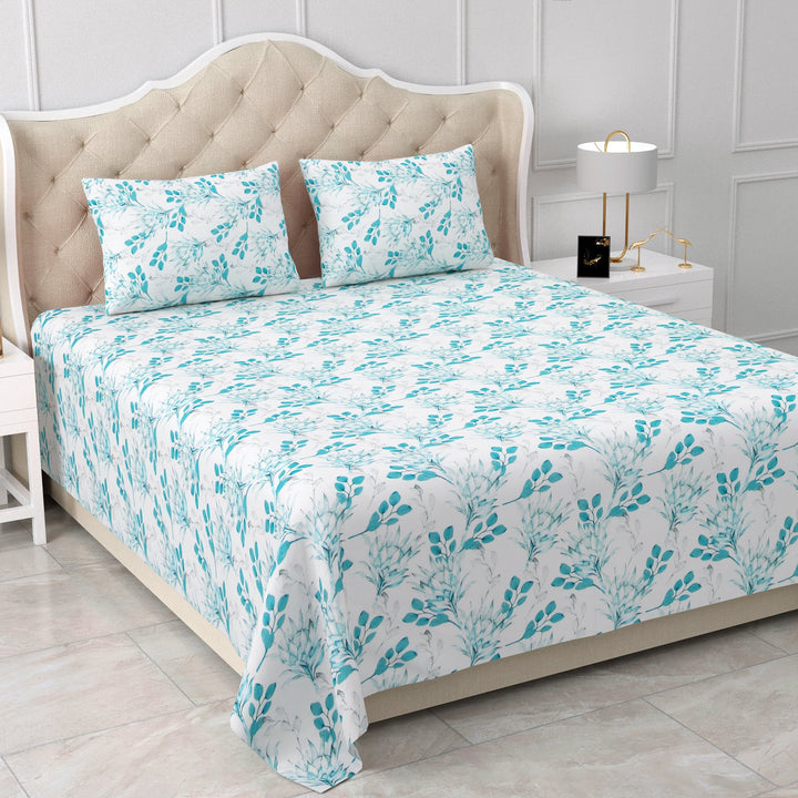 Bella Casa Fashion & Retail Ltd  BEDSHEET 90 X 108 Inch / Sky Blue / Cotton Double Bedsheet Set Cotton King Size with 2 Pillow Covers Floral Design Sky Blue Colour - Stella Collection