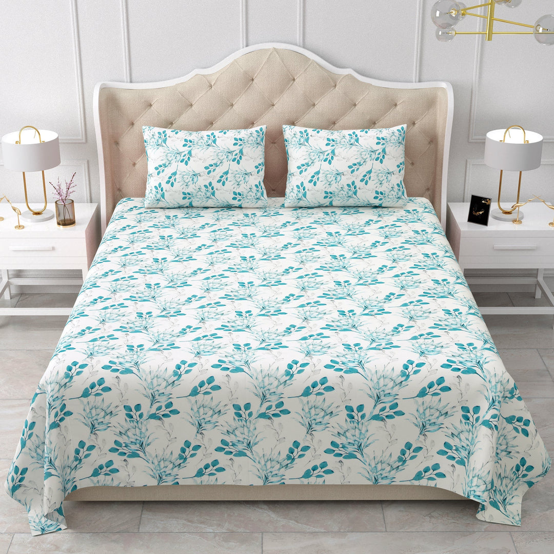 Bella Casa Fashion & Retail Ltd  BEDSHEET 90 X 108 Inch / Sky Blue / Cotton Double Bedsheet Set Cotton King Size with 2 Pillow Covers Floral Design Sky Blue Colour - Stella Collection