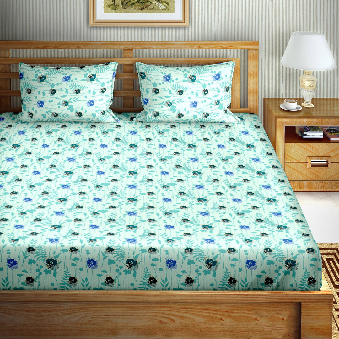 Double Bedsheet Set Cotton King Size with 2 Pillow Covers Floral Design Teal & Blue Colour - Stella Collection