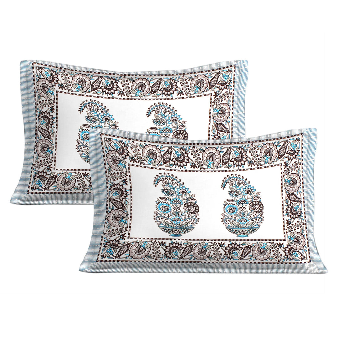 Bella Casa Fashion & Retail Ltd BEDSHEET 90 X 108 Inch / Teal & Grey / Cotton Bella Casa Double King Size Bedsheet Set Cotton with 2 Pillow Covers Floral Design Teal & Grey Colour - Ethnic Collection