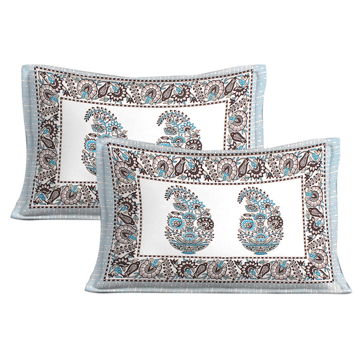 Bella Casa Fashion & Retail Ltd BEDSHEET 90 X 108 Inch / Teal & Grey / Cotton Bella Casa Double King Size Bedsheet Set Cotton with 2 Pillow Covers Floral Design Teal & Grey Colour - Ethnic Collection
