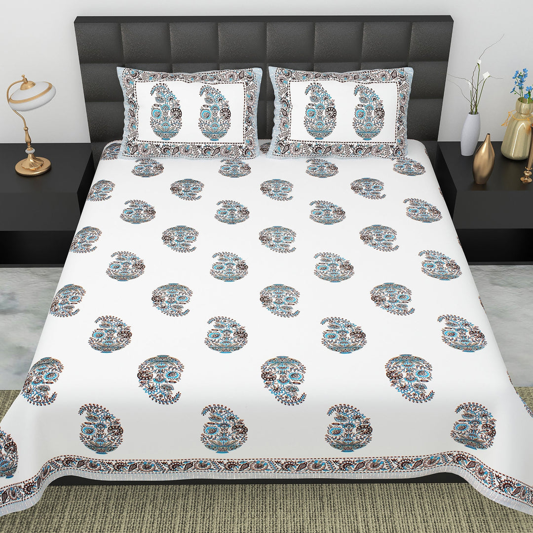 Bella Casa Fashion & Retail Ltd BEDSHEET 90 X 108 Inch / Teal & Grey / Cotton Bella Casa Double King Size Bedsheet Set Cotton with 2 Pillow Covers Floral Design Teal & Grey Colour - Ethnic Collection