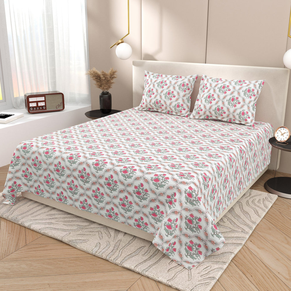 Bella Casa Fashion & Retail Ltd BEDSHEET 97 X 108 Inch / Pink & Green / Cotton Double King Size Bedsheet Set Cotton with 2 Pillow Covers Block Print Design Pink & Green Colour - Blocks Craft Collection