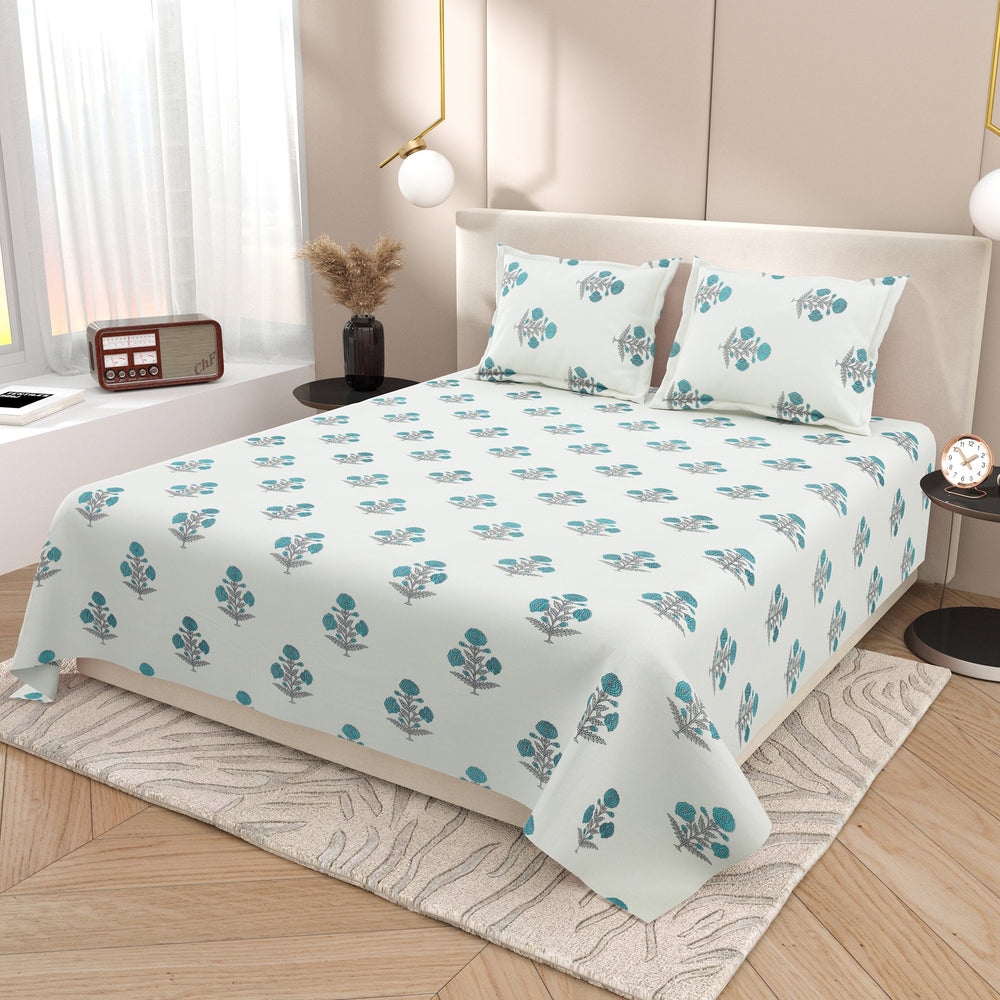 Bella Casa Fashion & Retail Ltd BEDSHEET 97 X 108 Inch / Teal & Grey / Cotton Double King Size Bedsheet Set Cotton with 2 Pillow Covers Block Print Design Teal & Grey Colour - Blocks Craft Collection