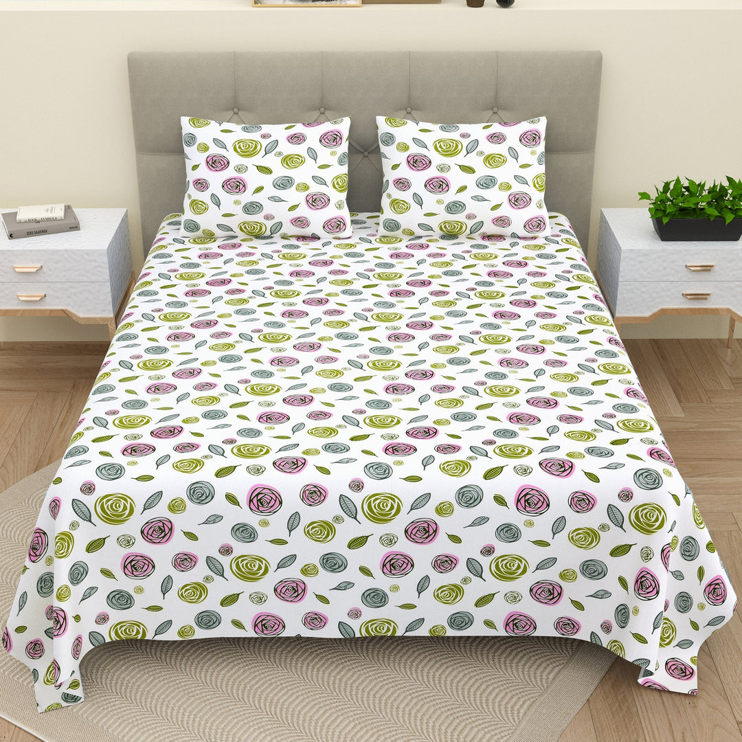 Bella Casa Fashion & Retail Ltd  BEDSHEET Double Bedsheet Set 100 % Pure Cotton King Size with 2 Pillow Covers Printed Green Colour - Lorient Collection