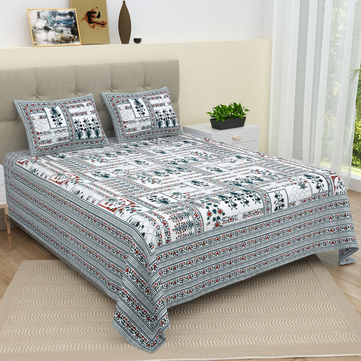 Bella Casa Fashion & Retail Ltd  Bella Casa Double Bedsheet Set Cotton King Size with 2 Pillow Covers  Floral Design Blue Colour - Ethnic Collection