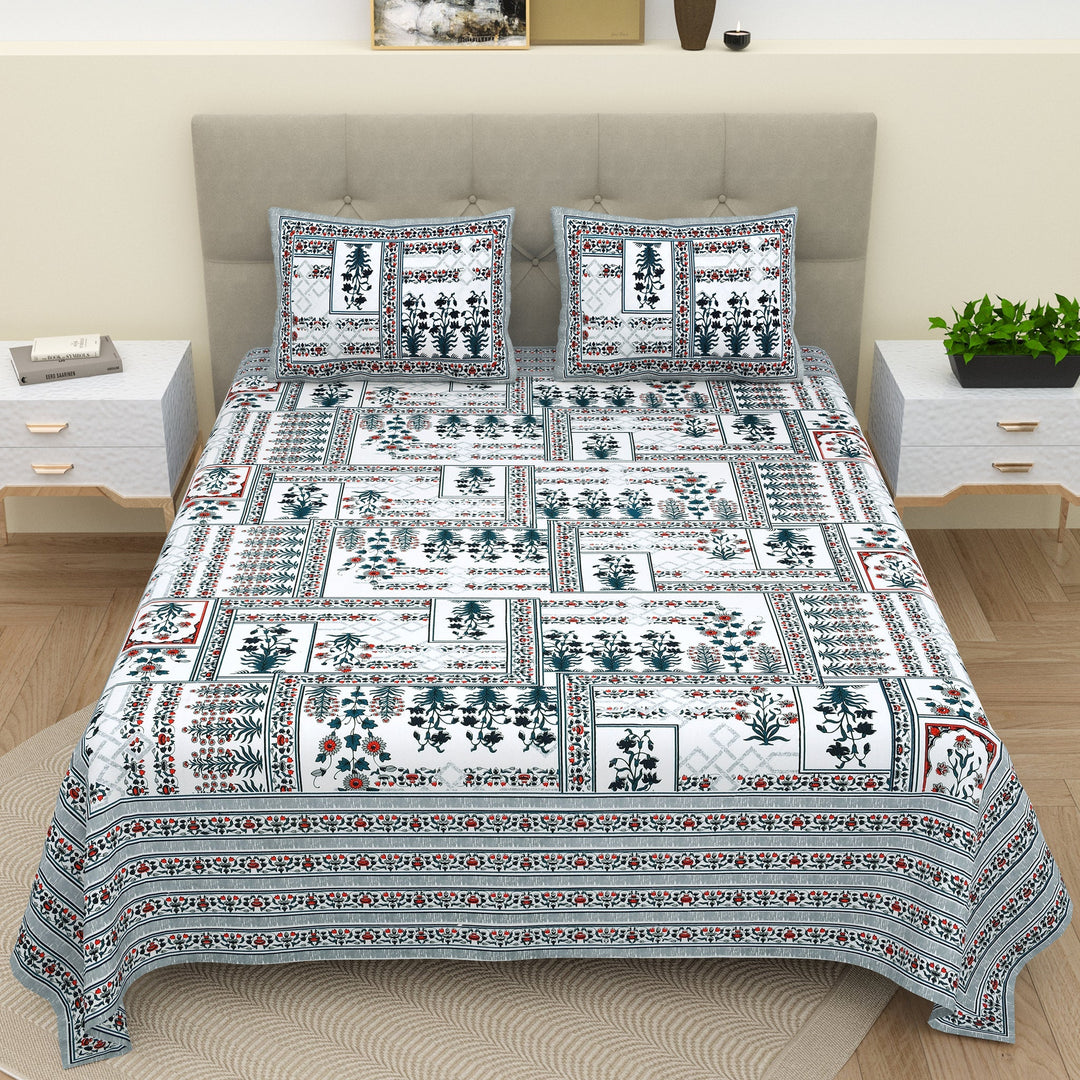Bella Casa Fashion & Retail Ltd  Bella Casa Double Bedsheet Set Cotton King Size with 2 Pillow Covers  Floral Design Blue Colour - Ethnic Collection