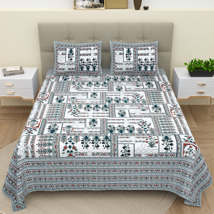 Bella Casa Fashion & Retail Ltd  Bella Casa Double Bedsheet Set Cotton King Size with 2 Pillow Covers  Floral Design Blue Colour - Ethnic Collection