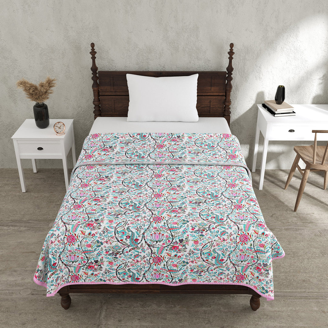 Bella Casa Fashion & Retail Ltd Dohar 60 X 90 Inch / Multi / Cotton Single Cotton Dohar/AC Blanket Cotton | Multi Colored Reversible Floral Printed | Size: 152 X 228 CM - Lotus Bloom Collection