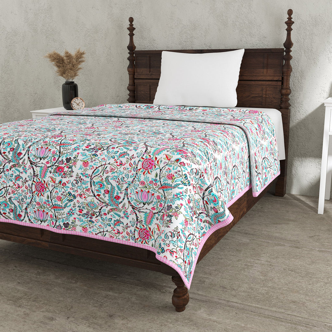 Bella Casa Fashion & Retail Ltd Dohar 60 X 90 Inch / Multi / Cotton Single Cotton Dohar/AC Blanket Cotton | Multi Colored Reversible Floral Printed | Size: 152 X 228 CM - Lotus Bloom Collection