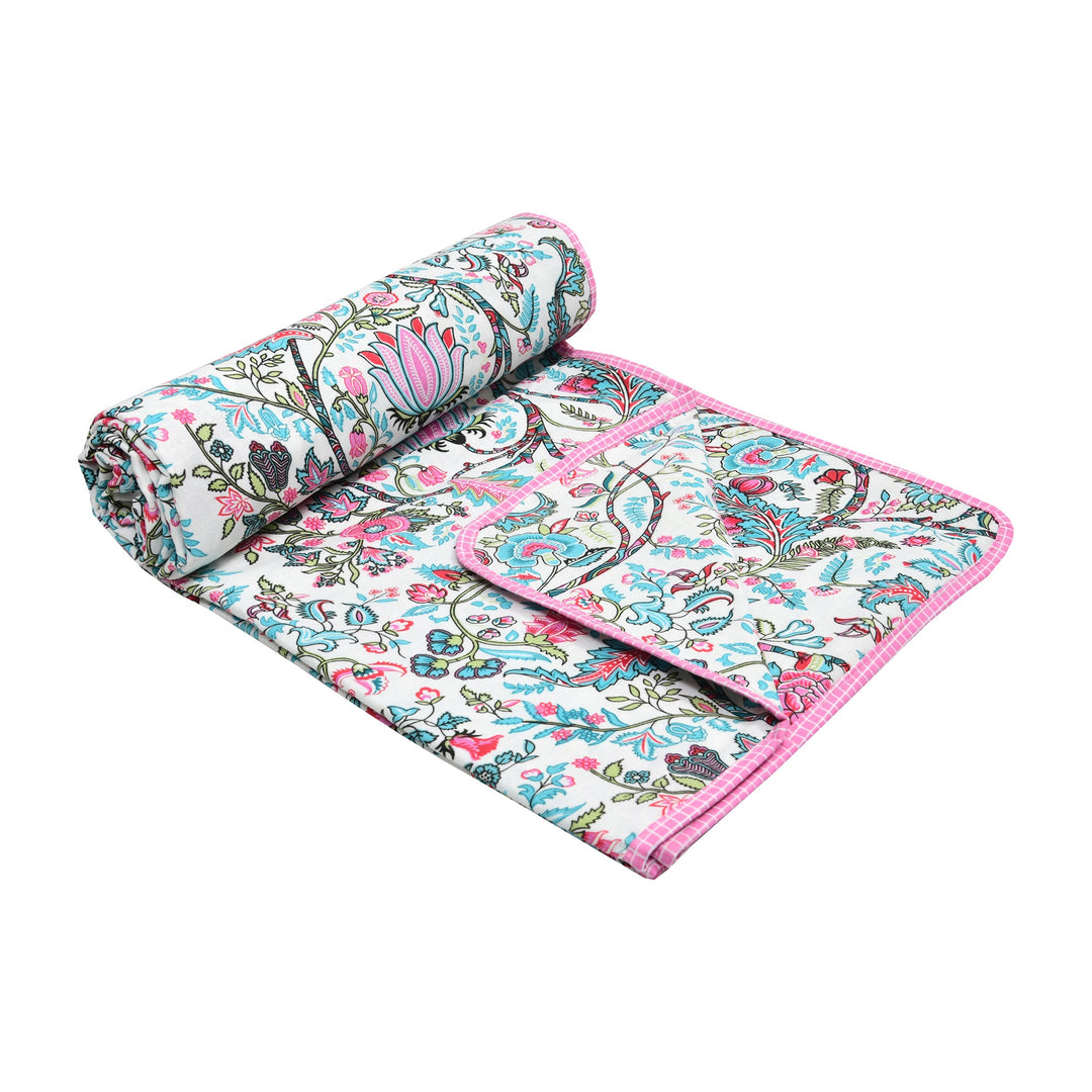 Bella Casa Fashion & Retail Ltd Dohar 60 X 90 Inch / Multi / Cotton Single Cotton Dohar/AC Blanket Cotton | Multi Colored Reversible Floral Printed | Size: 152 X 228 CM - Lotus Bloom Collection