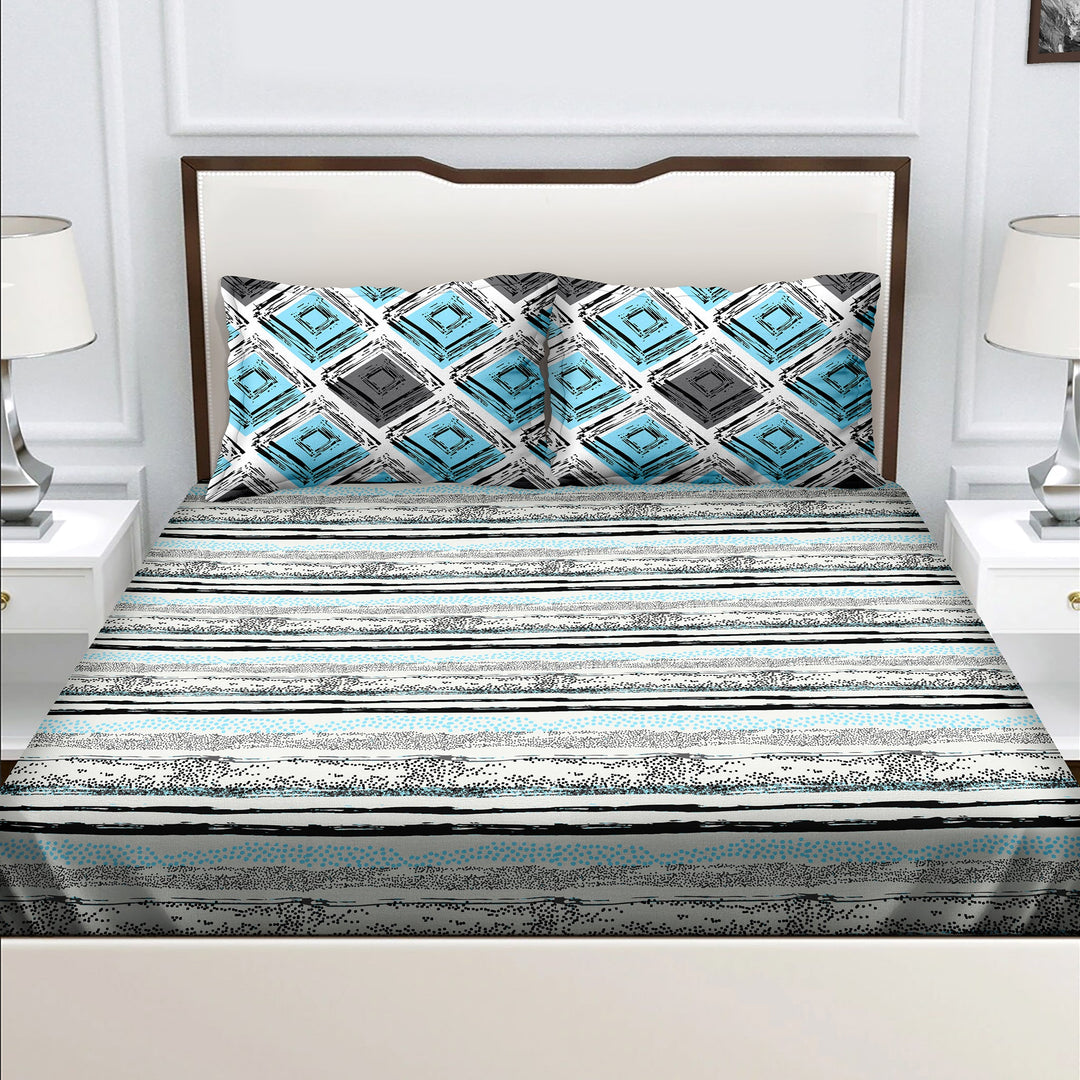 Bella Casa Fashion & Retail Ltd  BEDSHEET Double Bedsheet King Size Cotton Abstract Blue Colour with 2 Pillow Covers - Genteel Collection