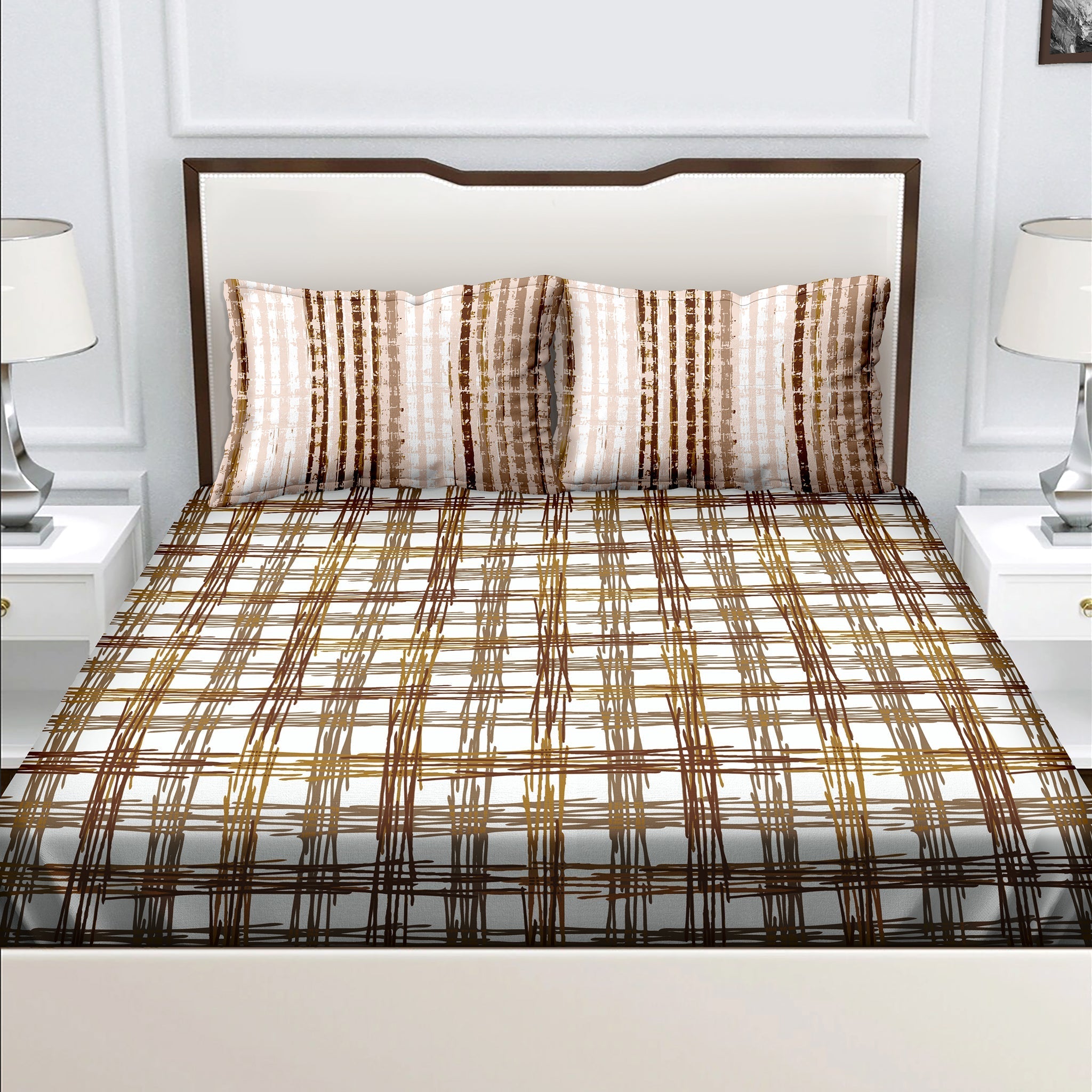 Double Bedsheet with 2 Pillow Covers Cotton Geometric Design Brown Col Bella Casa Fashion Retail Ltd