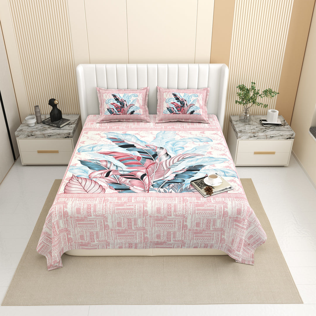 Bella Casa Fashion & Retail Ltd BEDSHEET 87 X 107 Inch / Peach / Cotton Double King Size Bedsheet with 2 Pillow Covers Floral Motifs Printed Cotton Peacj Colour - Ethnic Collection