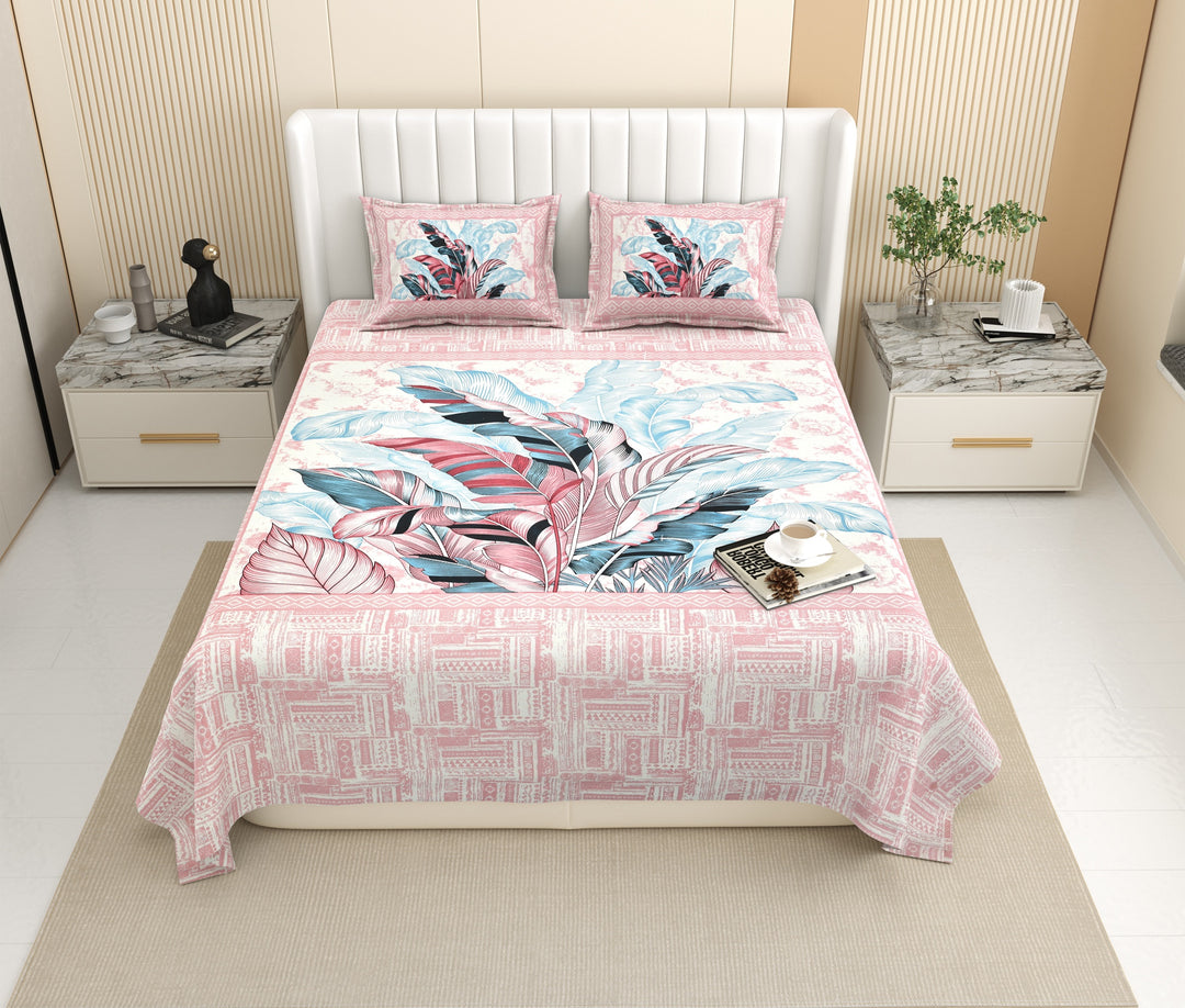 Bella Casa Fashion & Retail Ltd BEDSHEET 87 X 107 Inch / Peach / Cotton Double King Size Bedsheet with 2 Pillow Covers Floral Motifs Printed Cotton Peacj Colour - Ethnic Collection