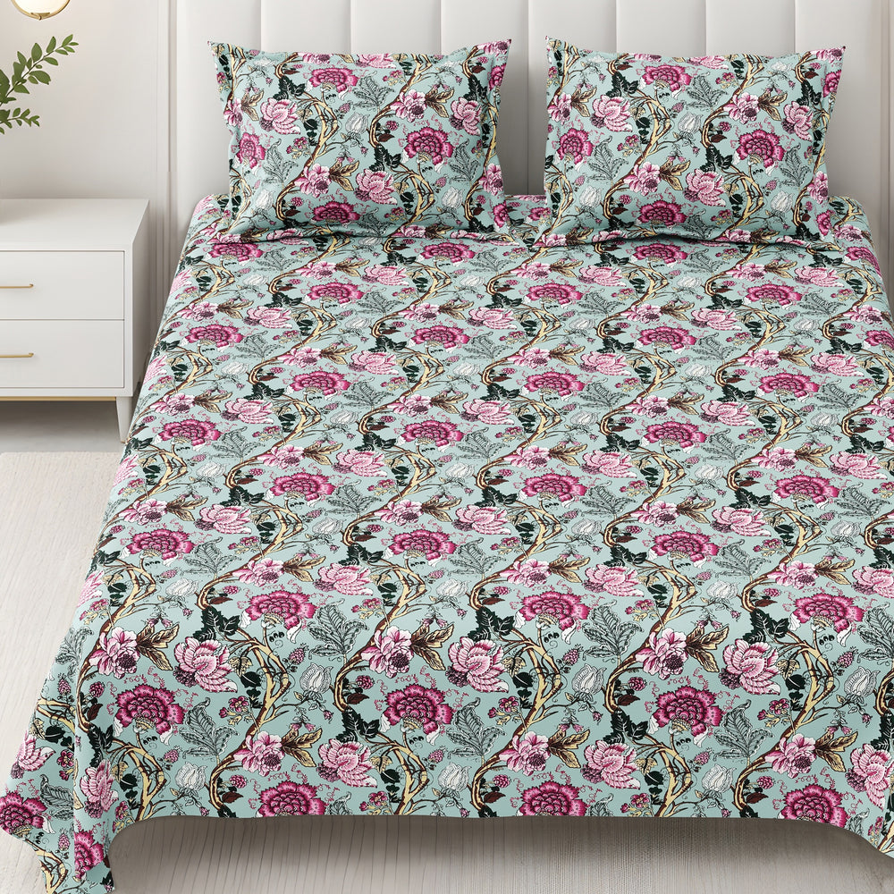 Bella Casa Fashion & Retail Ltd BEDSHEET 87 X 107 Inch / Multi / Cotton Double King Size Bedsheet with 2 Pillow Covers Floral Motifs Printed Cotton Multi Colour - Ethnic Collection