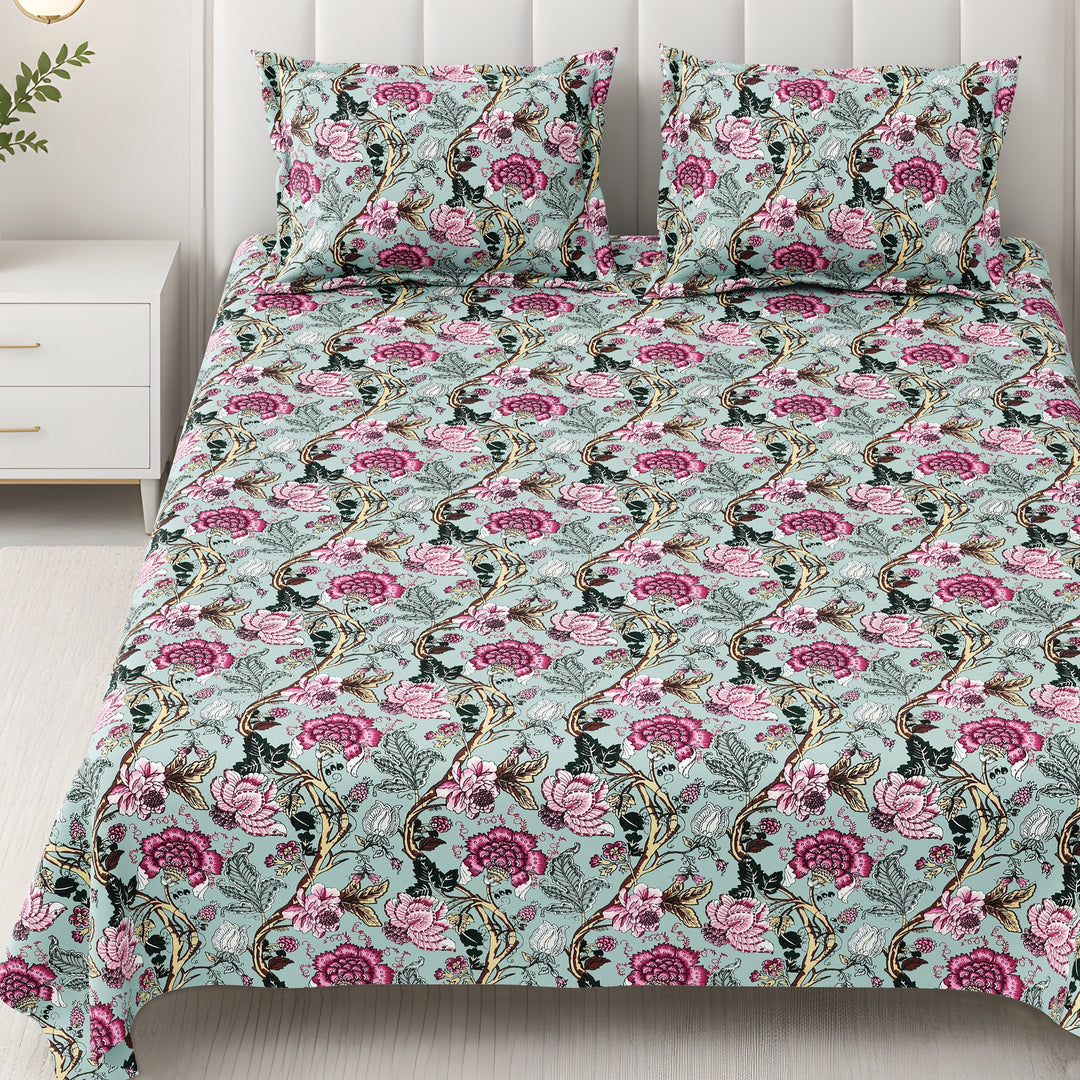 Bella Casa Fashion & Retail Ltd BEDSHEET 87 X 107 Inch / Multi / Cotton Double King Size Bedsheet with 2 Pillow Covers Floral Motifs Printed Cotton Multi Colour - Ethnic Collection