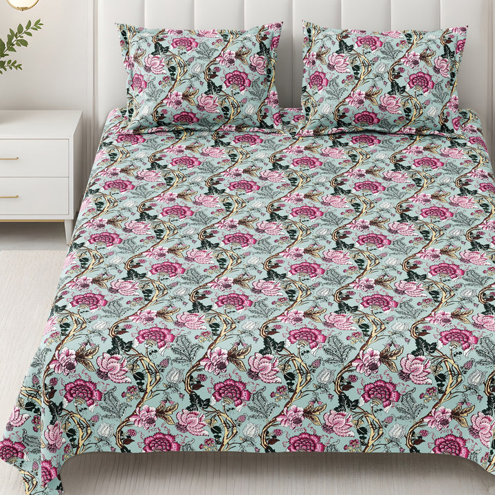 Bella Casa Fashion & Retail Ltd BEDSHEET 87 X 107 Inch / Multi / Cotton Double King Size Bedsheet with 2 Pillow Covers Floral Motifs Printed Cotton Multi Colour - Ethnic Collection