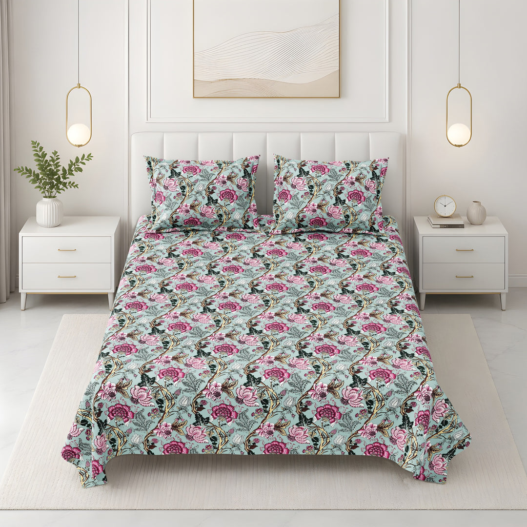 Bella Casa Fashion & Retail Ltd BEDSHEET 87 X 107 Inch / Multi / Cotton Double King Size Bedsheet with 2 Pillow Covers Floral Motifs Printed Cotton Multi Colour - Ethnic Collection