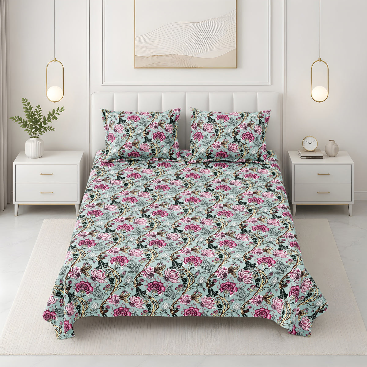 Bella Casa Fashion & Retail Ltd BEDSHEET 87 X 107 Inch / Multi / Cotton Double King Size Bedsheet with 2 Pillow Covers Floral Motifs Printed Cotton Multi Colour - Ethnic Collection