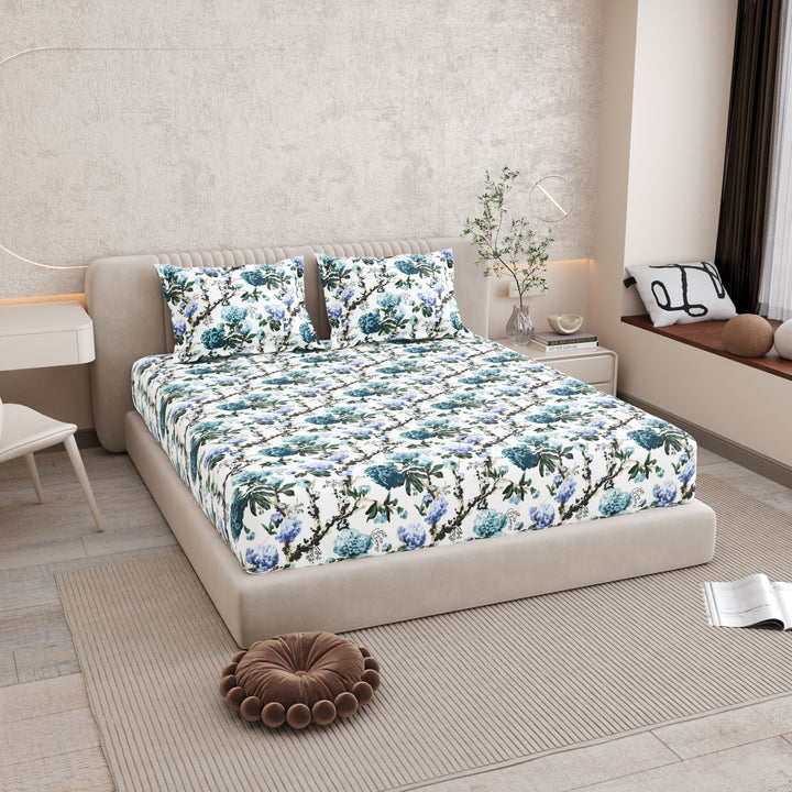 Double Fitted Bedsheet Set 100% Cotton with 2 Pillow Covers Floral Design Teal and Light Blue Colour - Scarlet Collection