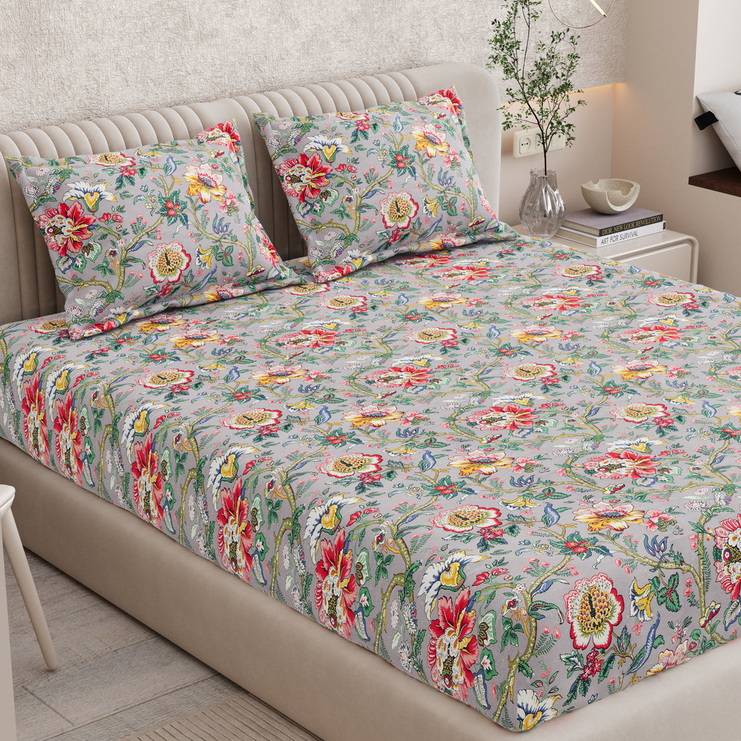 Double Fitted Bedsheet Set 100% Cotton with 2 Pillow Covers Floral Design Multi Colour - Scarlet Collection