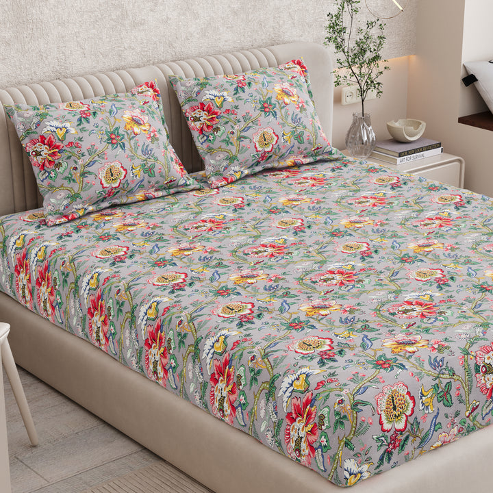 Double Fitted Bedsheet Set 100% Cotton with 2 Pillow Covers Floral Design Multi Colour - Scarlet Collection
