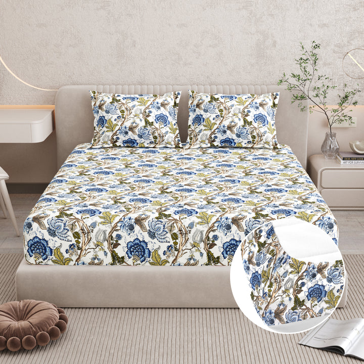 Double Fitted Bedsheet Set 100% Cotton with 2 Pillow Covers Floral Design Royal Blue and Olive Green Colour - Scarlet Collection