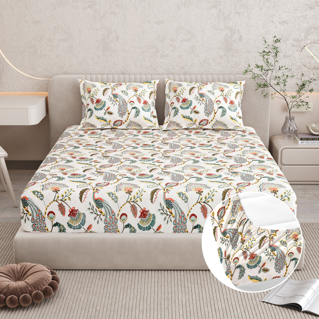 Double Fitted Bedsheet Set 100% Cotton with 2 Pillow Covers Floral Design Multi Colour - Scarlet Collection