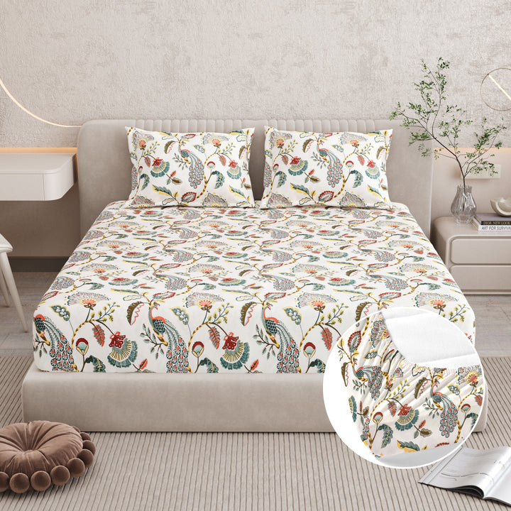 Double Fitted Bedsheet Set 100% Cotton with 2 Pillow Covers Floral Design Multi Colour - Scarlet Collection