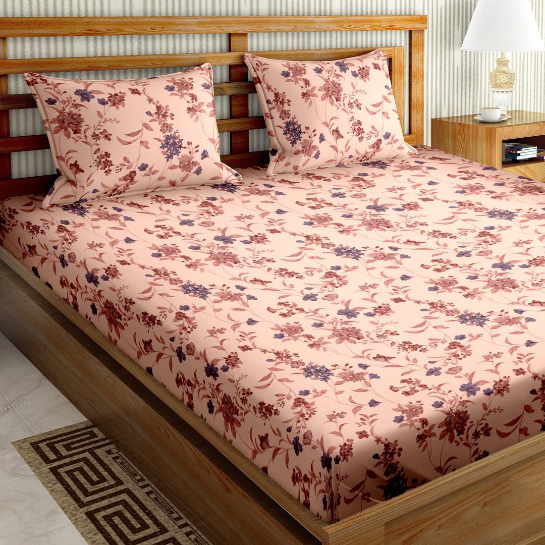 Bella Casa Fashion & Retail Ltd  90 X 108 Inch / Brown / Cotton Double Bedsheet Set Cotton King Size with 2 Pillow Covers Floral Brown Colour - Stella Collection